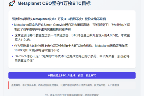 Metaplanet CEO坚守1万枚BTC目标