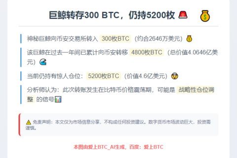 巨鲸转存300 BTC，仍持5200枚