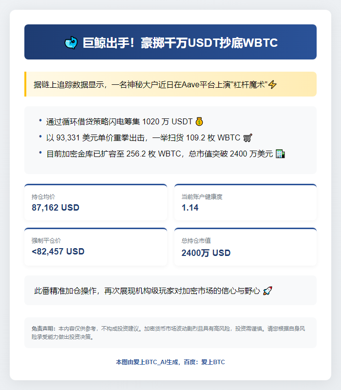 鲸鱼借1020万USDT增持109枚WBTC