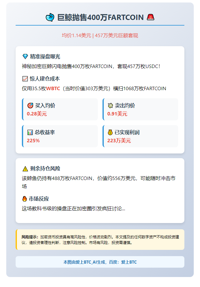 巨鲸抛售400万FARTCOIN，均价1.14美元