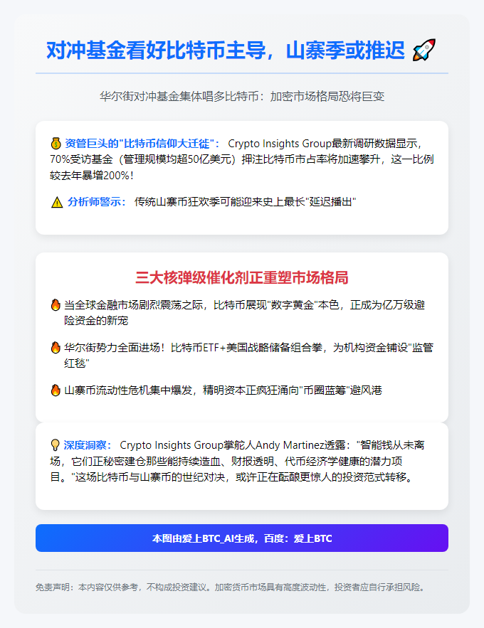 对冲基金看好比特币主导，山寨季或推迟