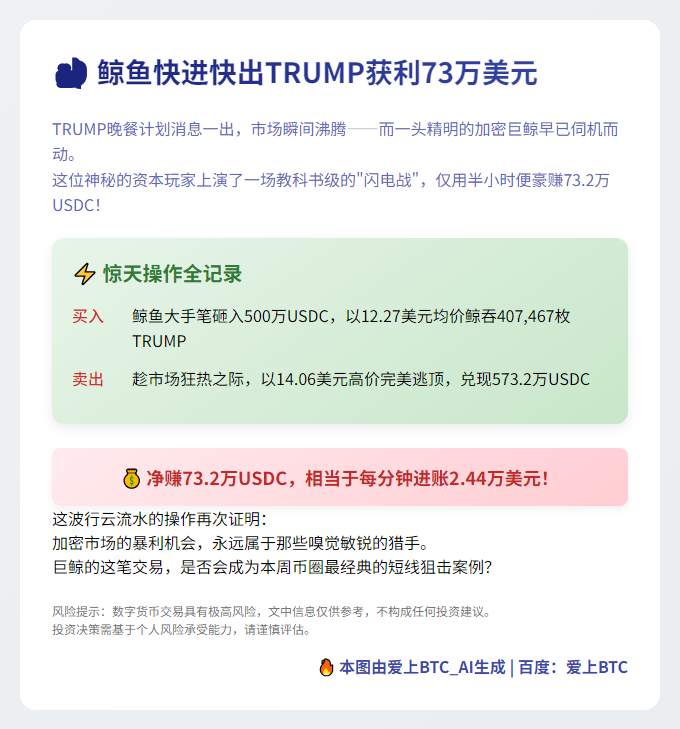 鲸鱼快进快出TRUMP获利73万美元