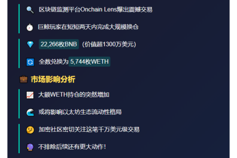 巨鲸1372万BNB转仓WETH
