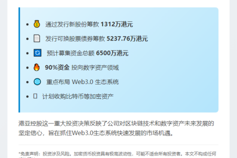 港亚控股拟募资6500万港元主投Web3与比特币
