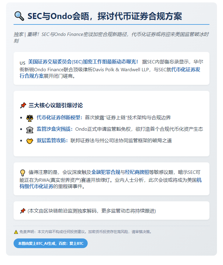 SEC与Ondo会晤，探讨代币证券合规方案