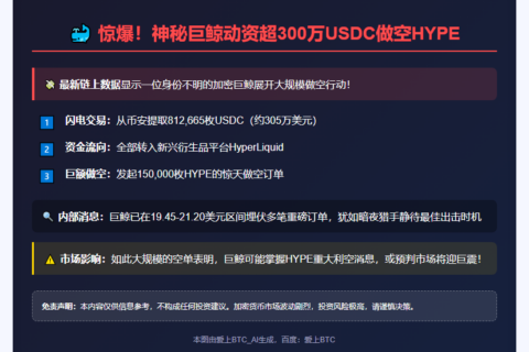 鲸鱼从币安提取USDC做空HYPE305万