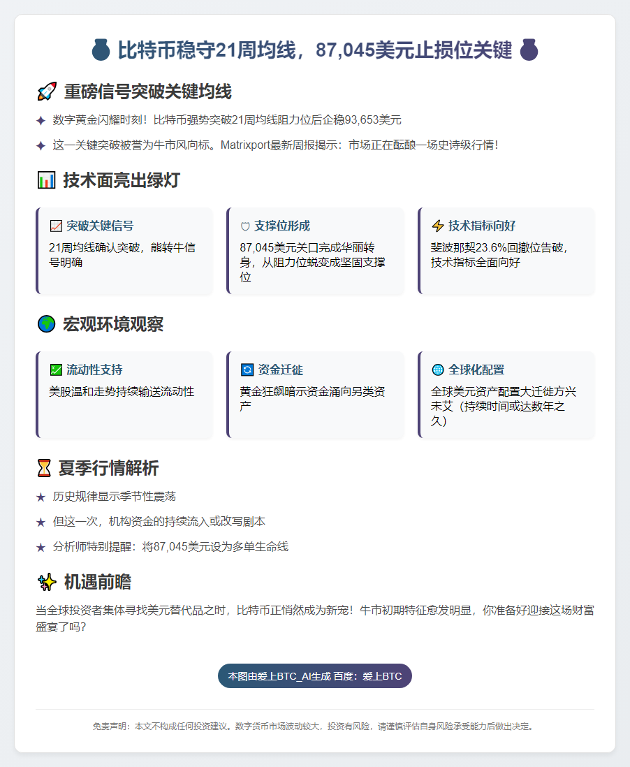 比特币稳守21周均线，87,045美元止损位关键