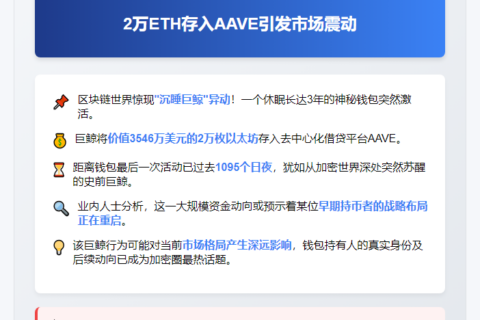 沉睡钱包突存2万ETH至AAVE，价值3546万