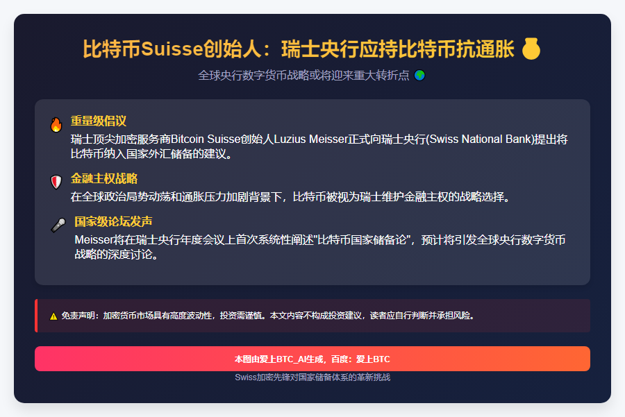 比特币Suisse创始人：瑞士央行应持比特币抗通胀