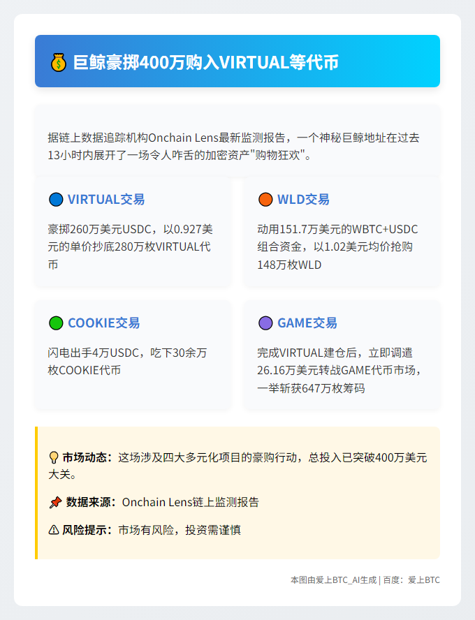 巨鲸豪掷400万购入VIRTUAL等代币