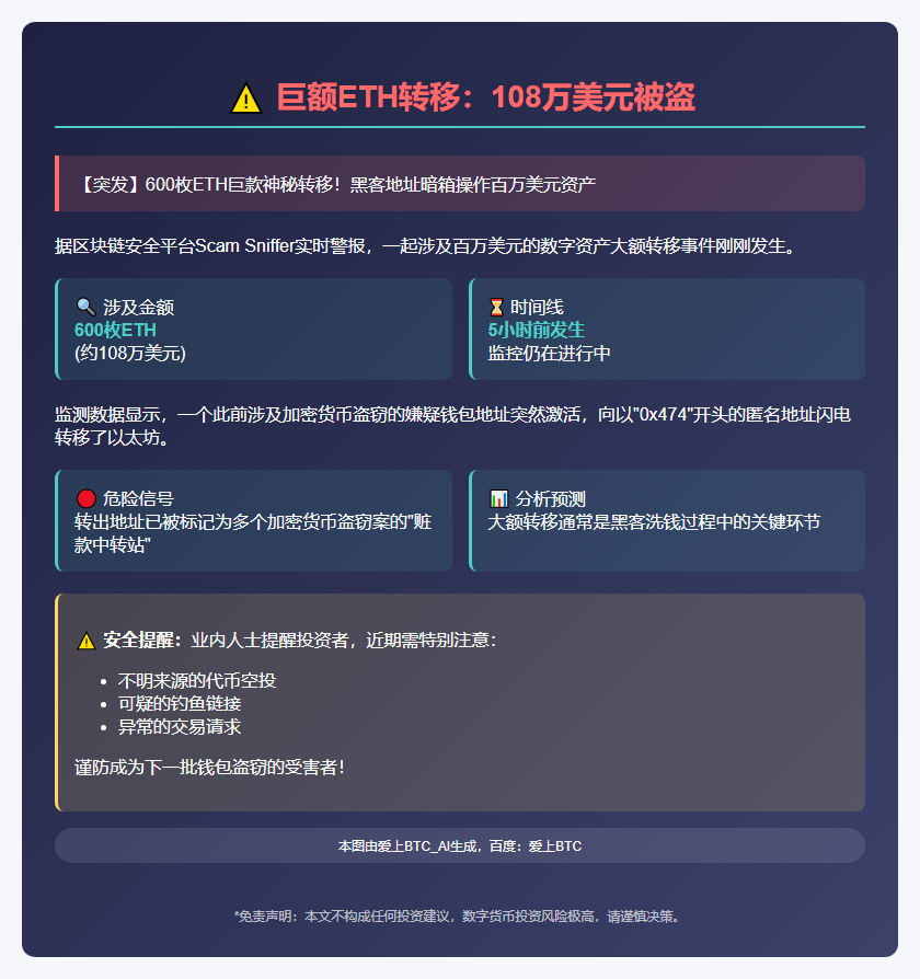 巨额ETH转移：108万美元被盗
