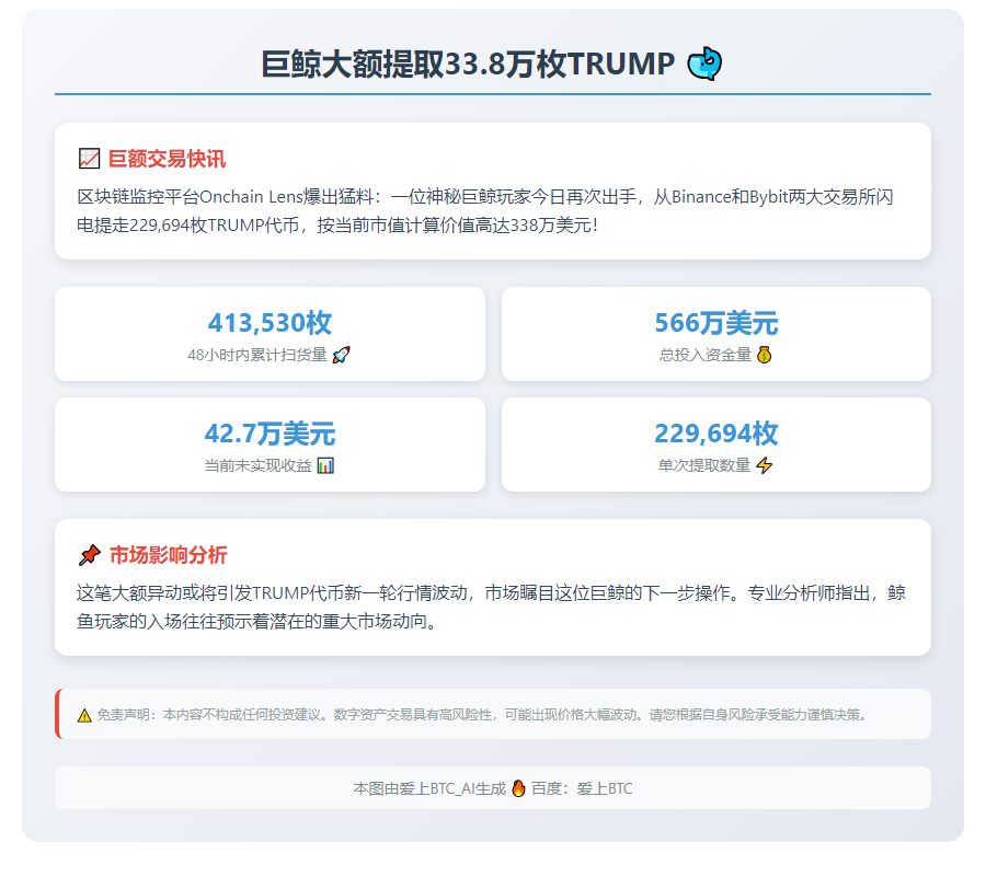 巨鲸大额提取33.8万枚TRUMP
