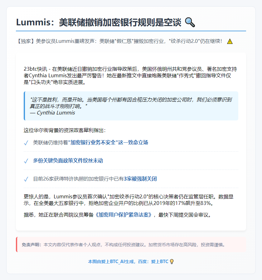 Lummis：美联储撤销加密银行规则是空谈
