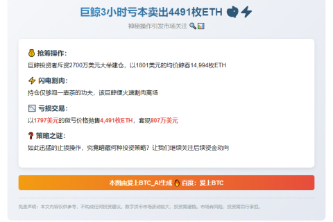 "巨鲸3小时亏本卖出4491枚ETH"