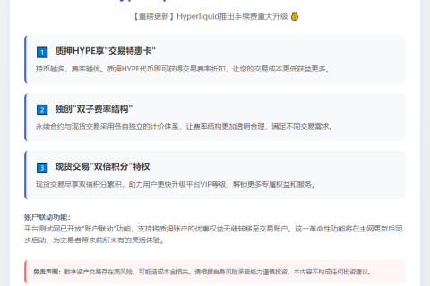 Hyperliquid新费率和质押等级5月5日上线