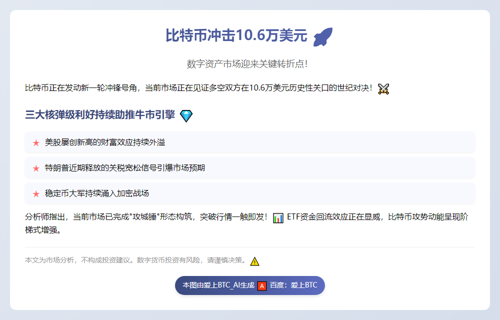 比特币冲击10.6万美元，上涨动力强劲