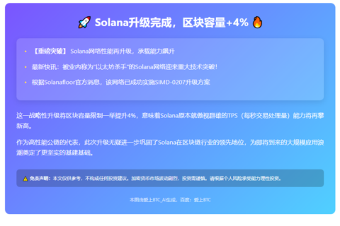 Solana升级完成，区块容量+4%
