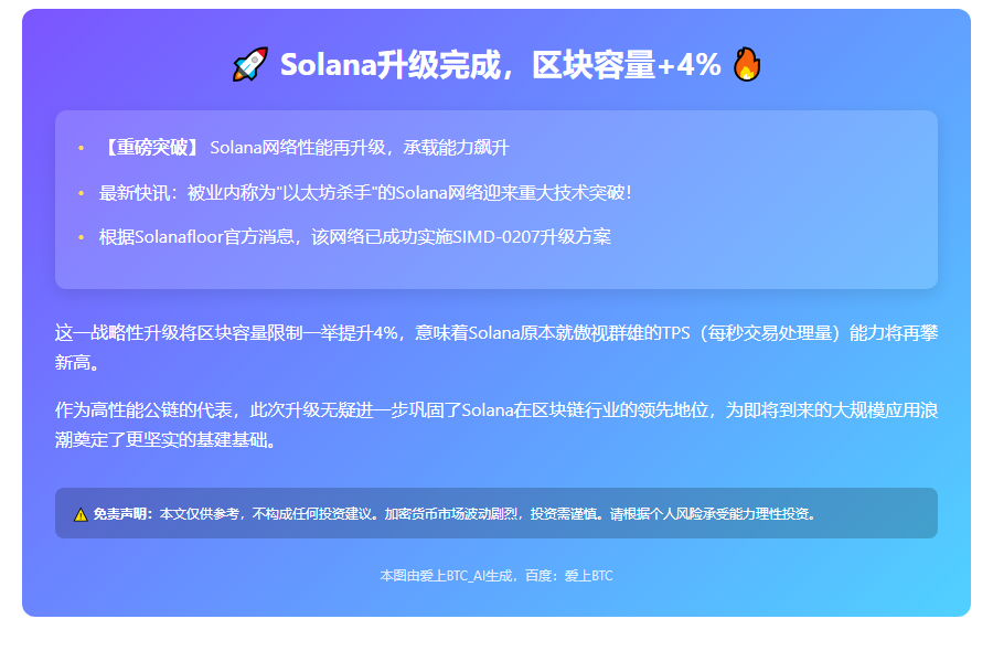 Solana升级完成，区块容量+4%