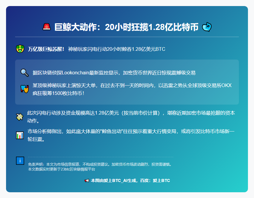 巨鲸大动作：20小时狂揽1.28亿比特币