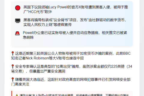 英下议院领袖X账号被黑 推广代币骗局
