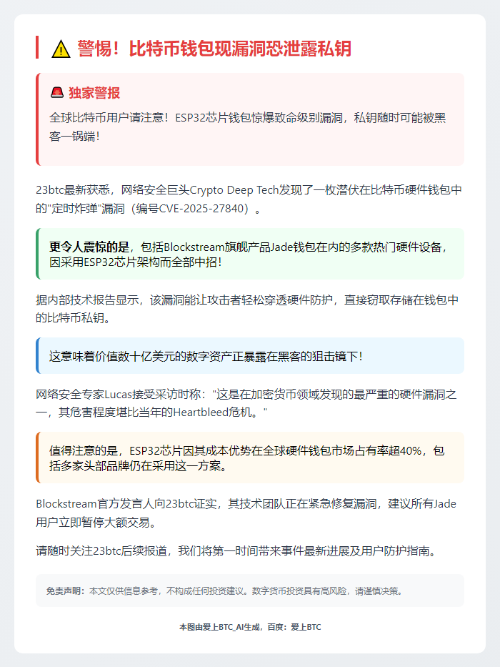 警惕！比特币钱包现漏洞恐泄露私钥