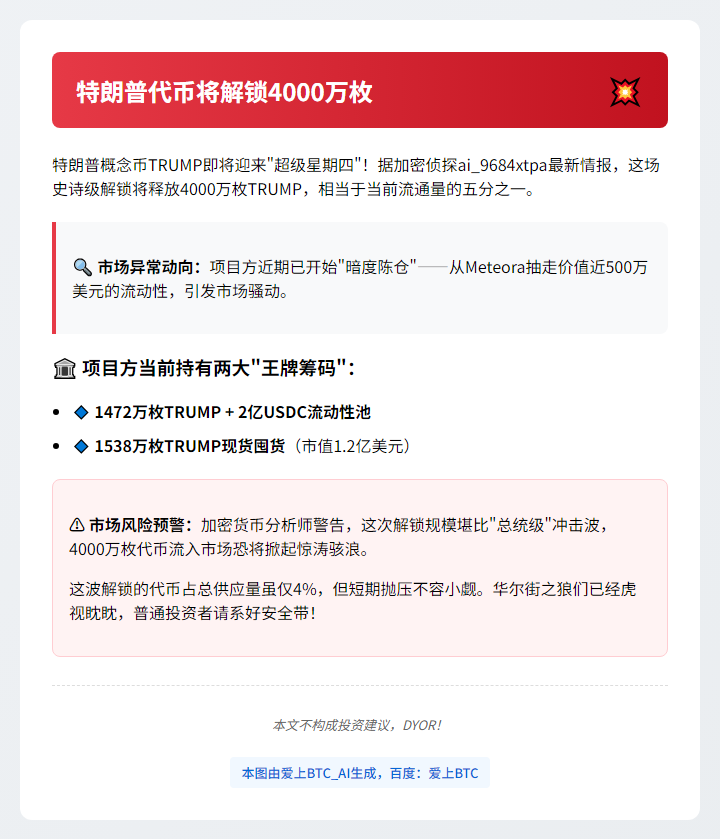 "特朗普代币将解锁4000万枚"