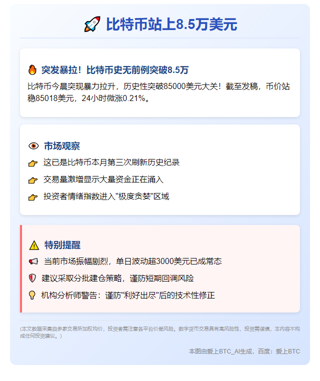 比特币站上8.5万美元