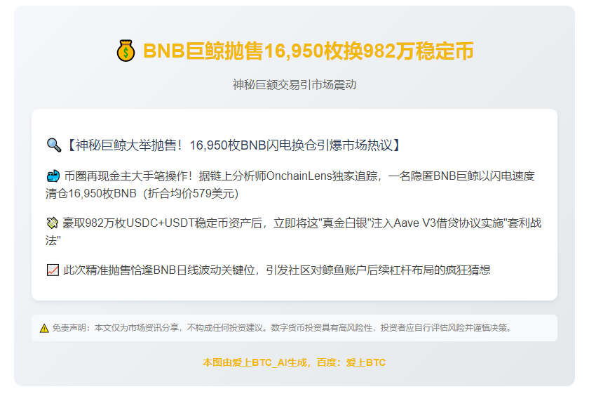 BNB巨鲸抛售16950枚换982万稳定币