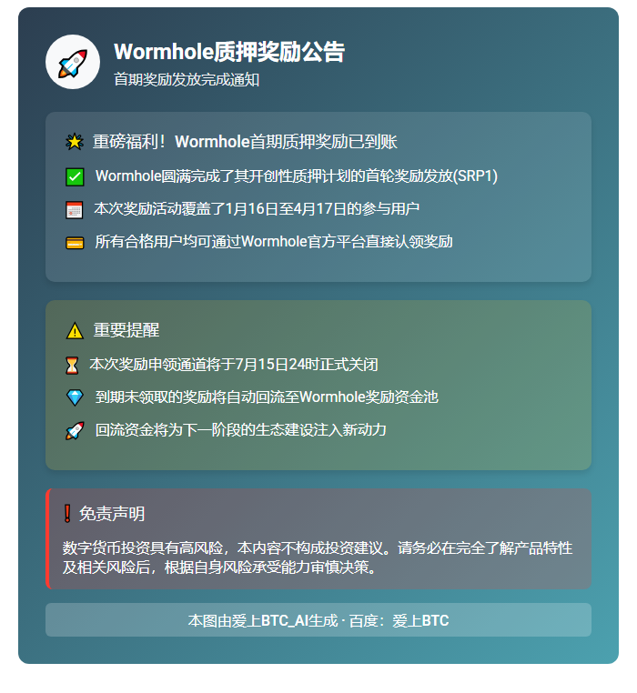 Wormhole首期质押奖励发放完毕，7月15日前领取