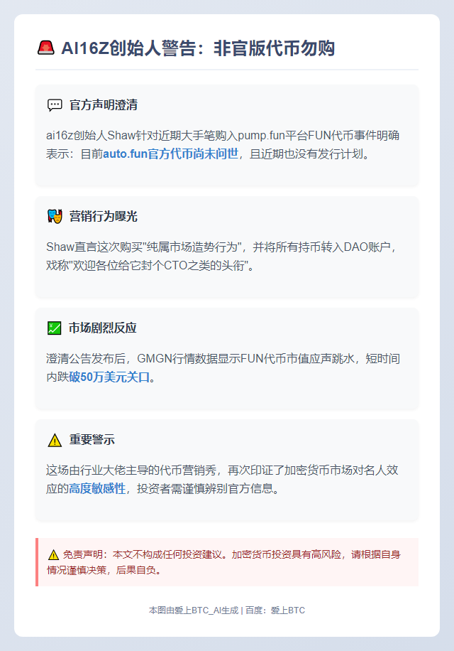 AI16Z创始人警告：非官版代币勿购