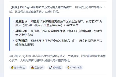 比特币矿企Bit Digital斥资5320万美元购美国物业