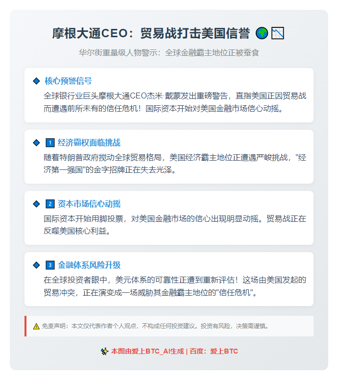 摩根大通CEO：贸易战打击美国信誉