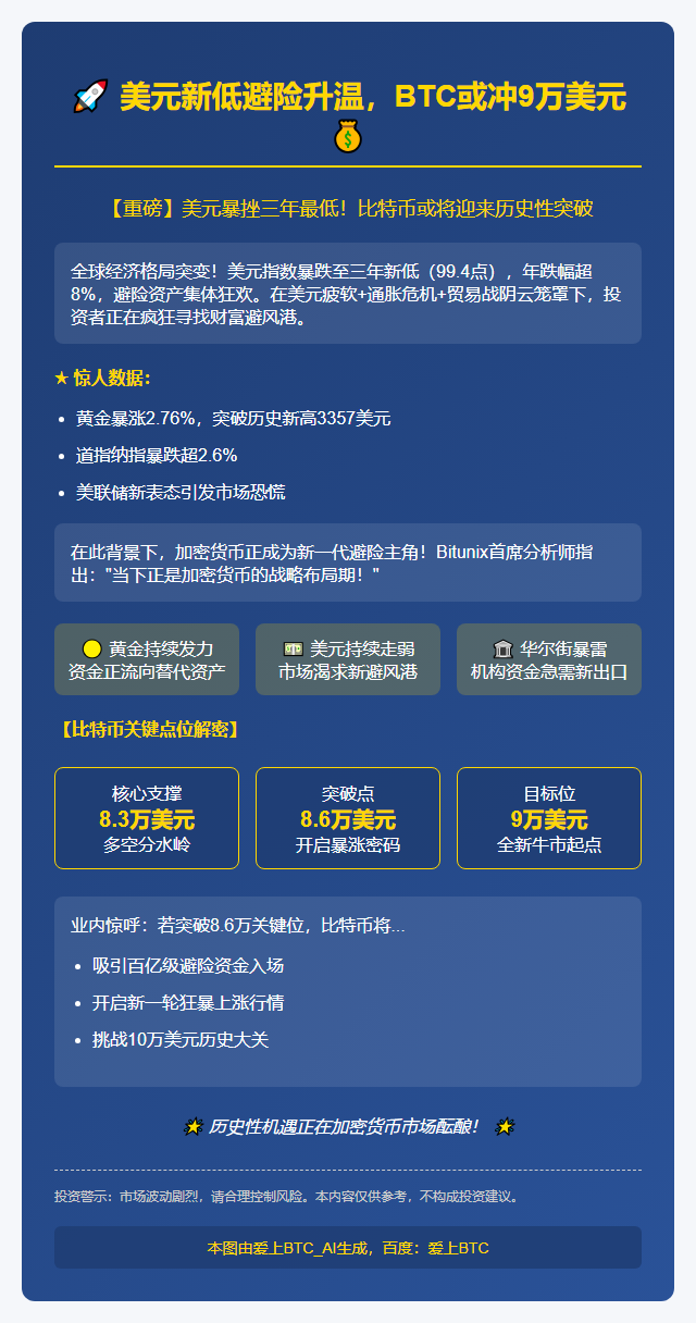 美元新低避险升温，BTC或冲9万美元