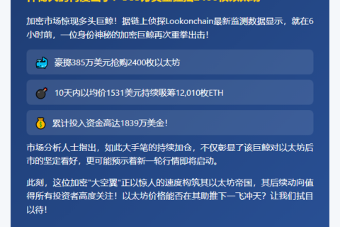 巨鲸6小时买入2400枚ETH