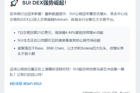 SUI DEX日交易量超越Arbitrum跃居第五