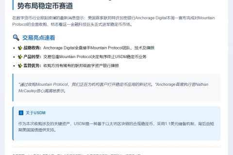 Anchorage收购Mountain Protocol进军稳定币领域