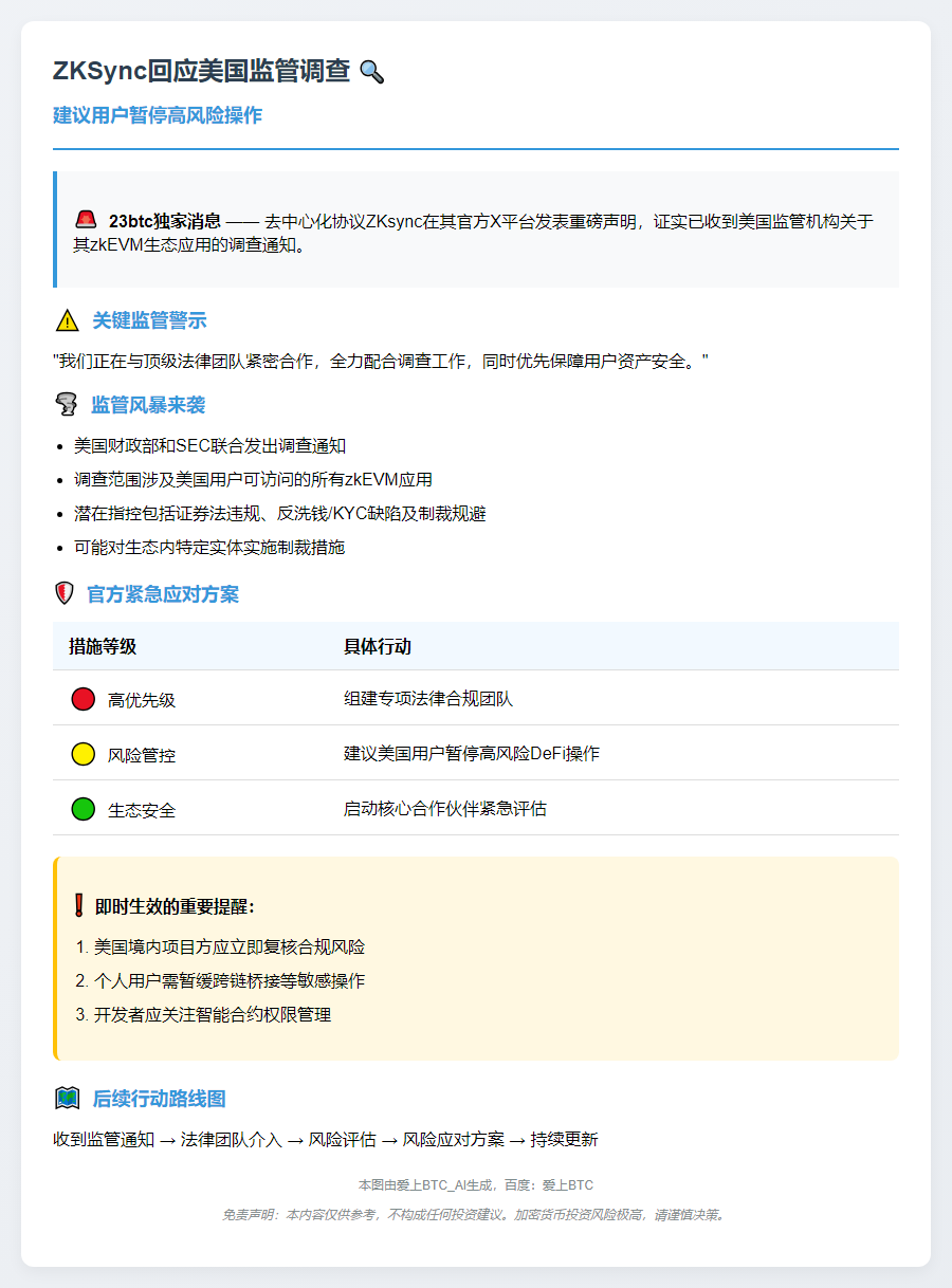 ZKSync回应美国监管调查：建议用户暂停高风险操作