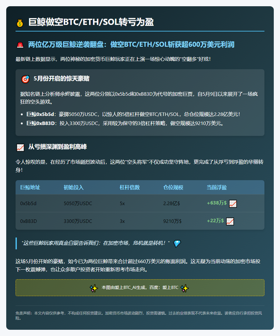 巨鲸做空BTC/ETH/SOL转亏为盈