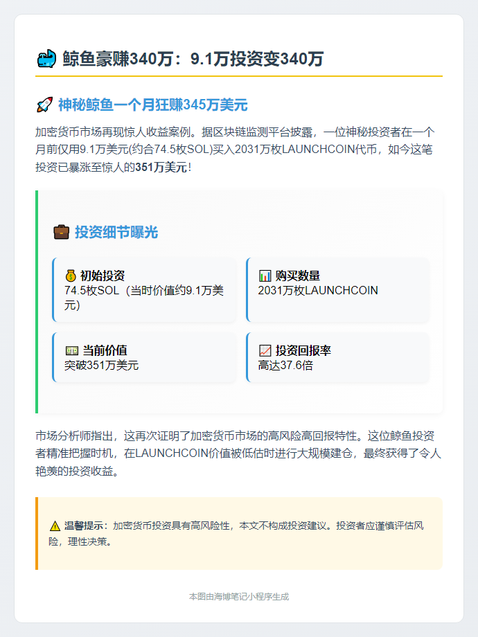 鲸鱼豪赚340万：9.1万投资变340万