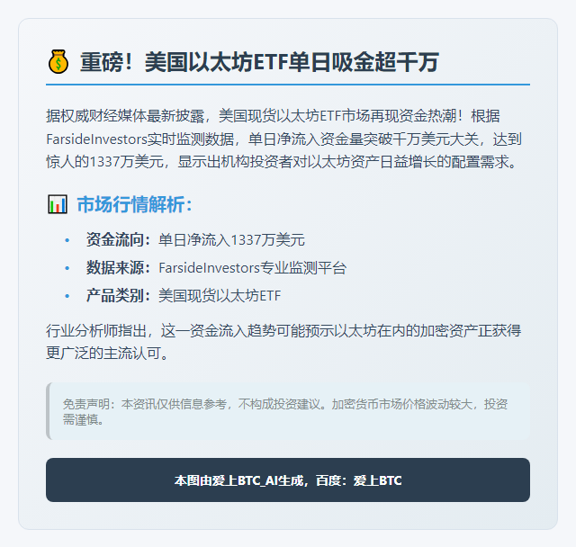 美现货以太坊ETF单日吸金1337万美元