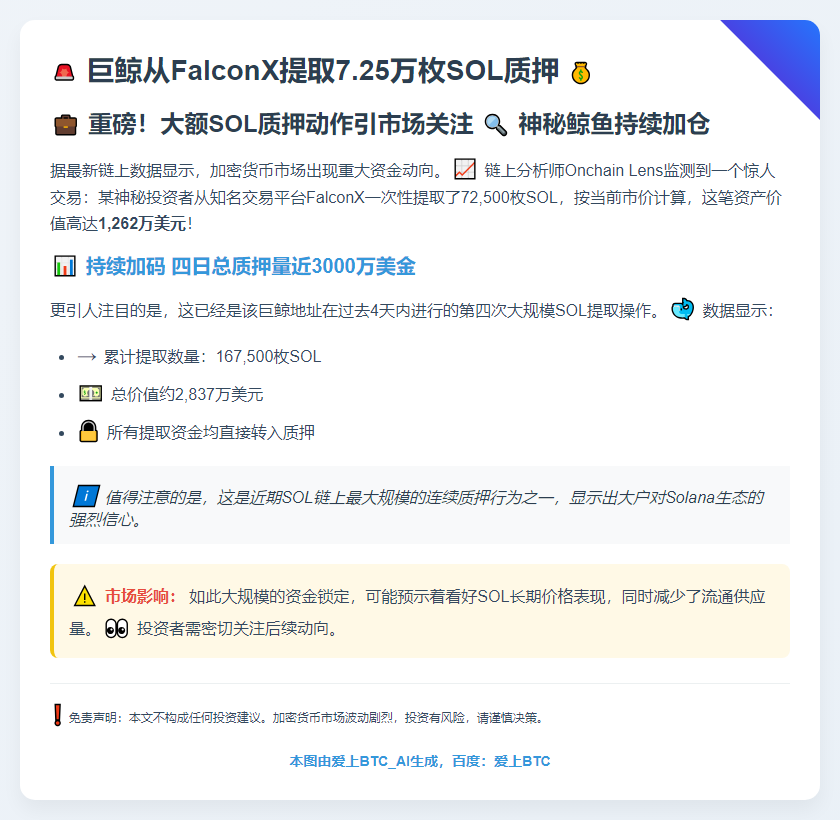 巨鲸从FalconX提取7.25万枚SOL质押