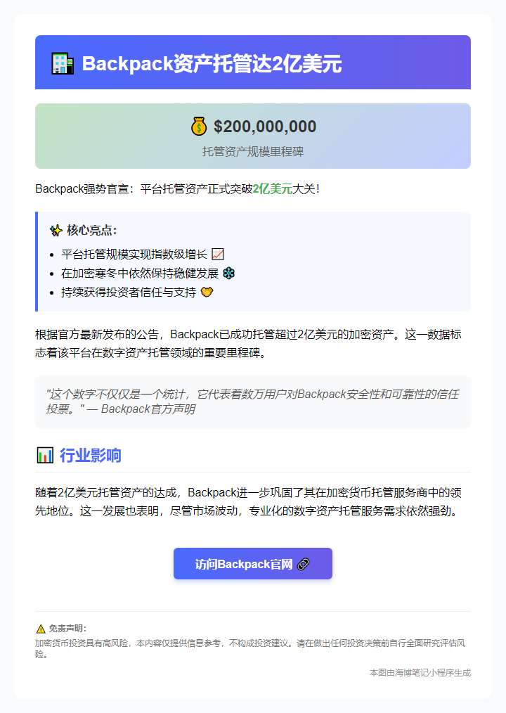 Backpack资产托管达2亿美元