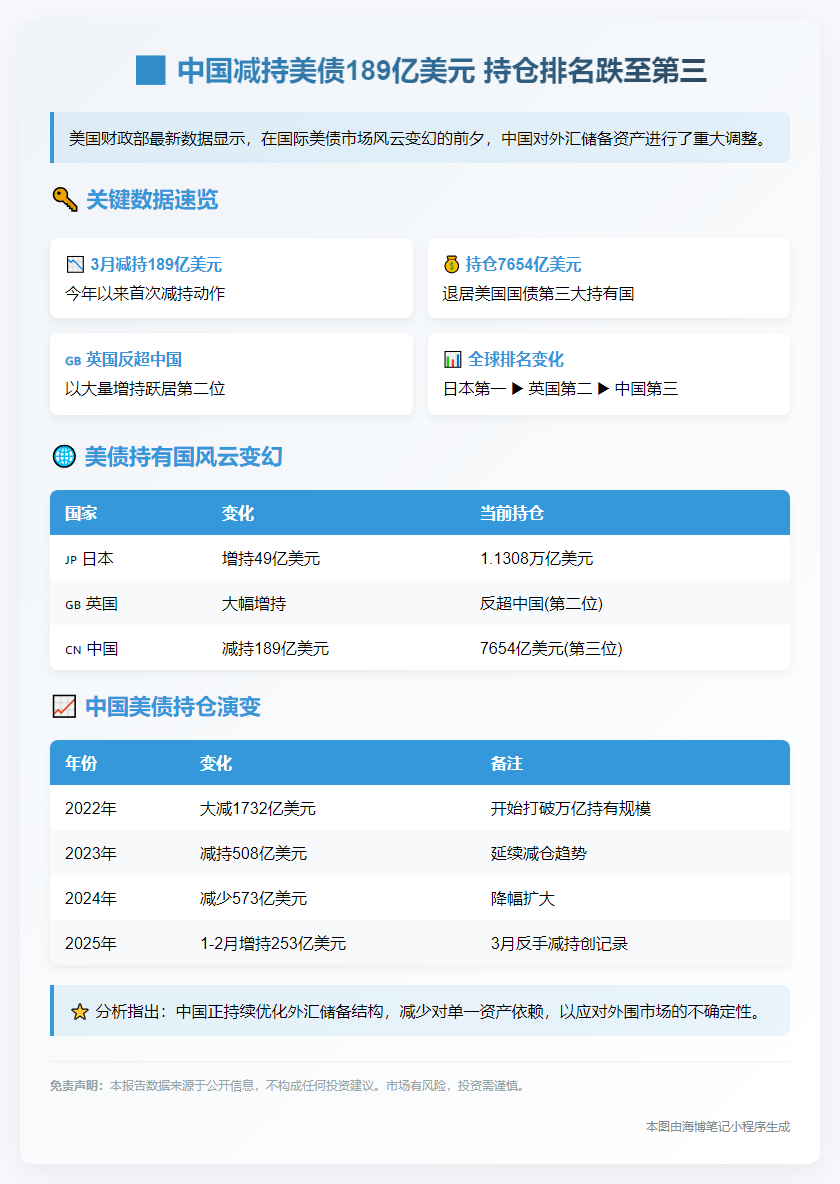 中国3月减持189亿美债，持仓跌至第三