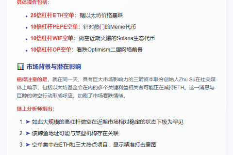 巨鲸295万美元高倍空单押注ETH、PEPE等