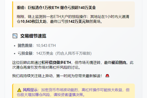 鲸鱼清仓ETH亏损142万美元