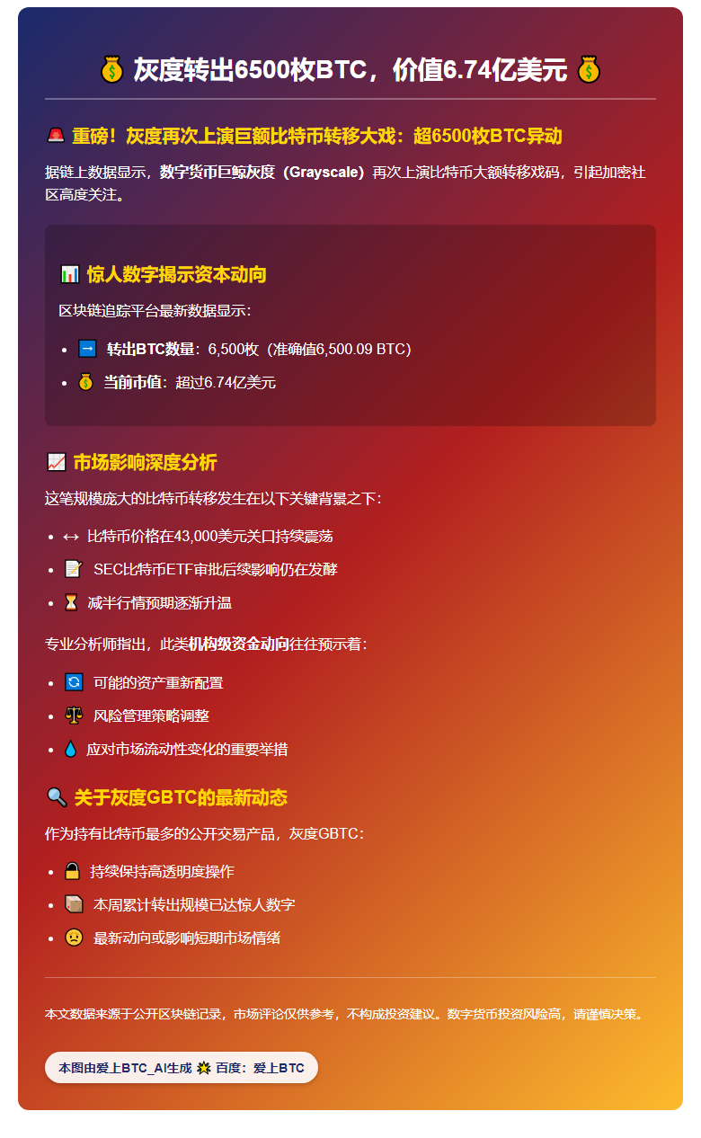 灰度转出6500枚BTC，价值6.74亿美元
