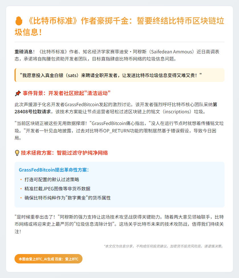 "比特币标准作者支持开发者，抵制垃圾信息"