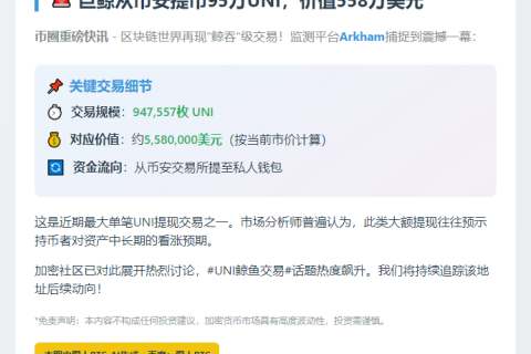 巨鲸从币安提币95万UNI，价值558万美元