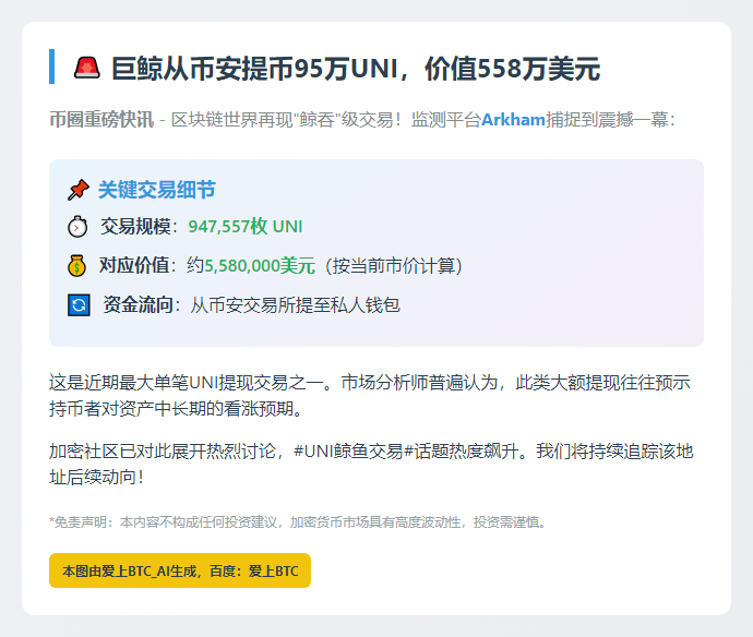 巨鲸从币安提币95万UNI，价值558万美元