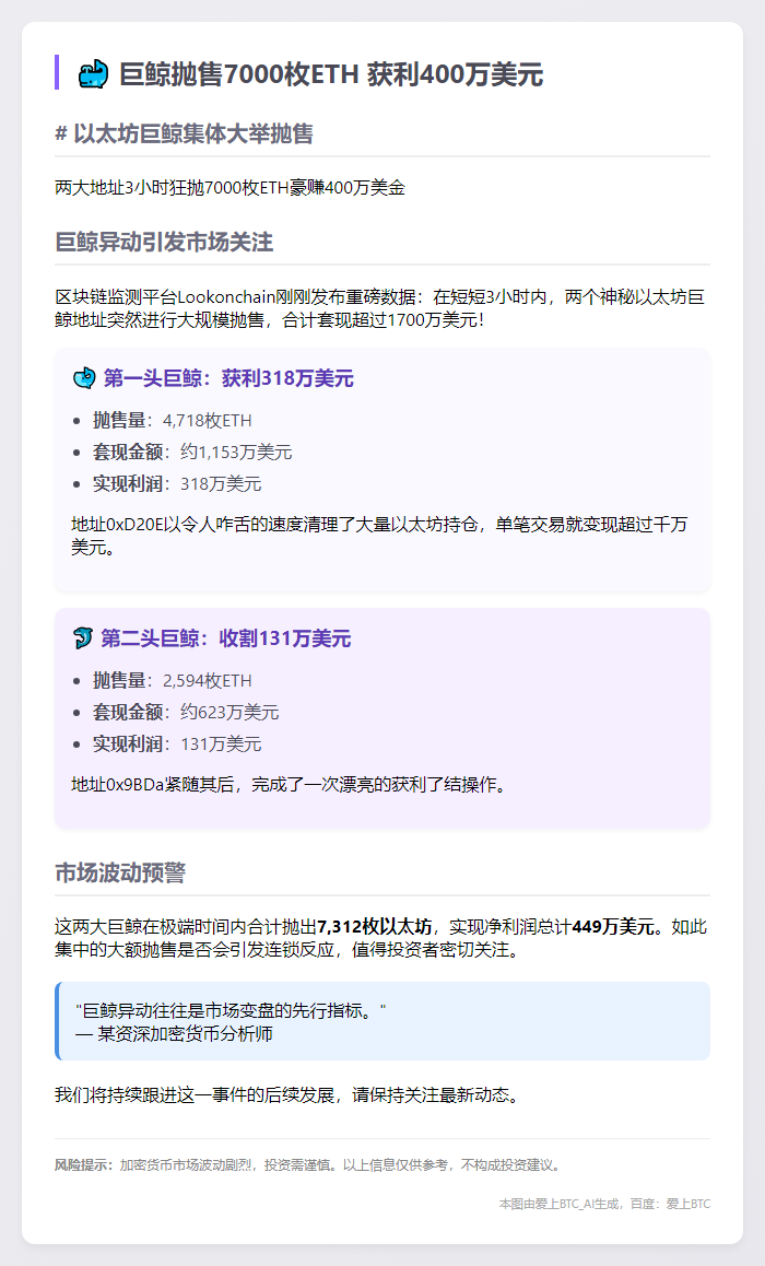 巨鲸抛售7000枚ETH 获利400万美元
